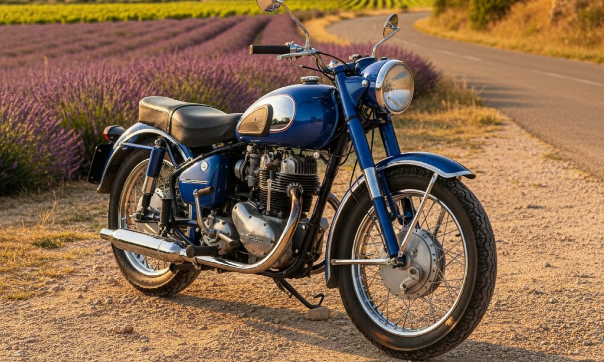 Motorcycle facing rural road through fields of lavender in the_drvis Vandeuil Jura mountain,18 motherf.|